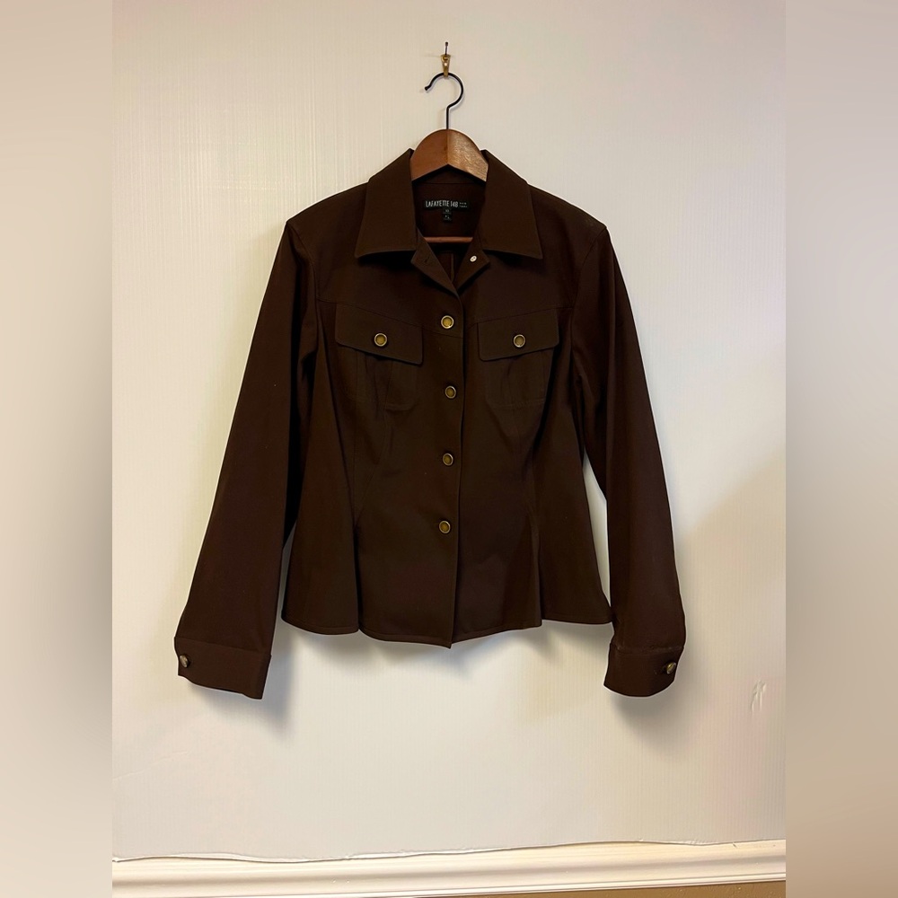 Lafayette 148 NY‎ Lightweight Blazer Jacket 10 Chocolate Brown Stretch Cotton